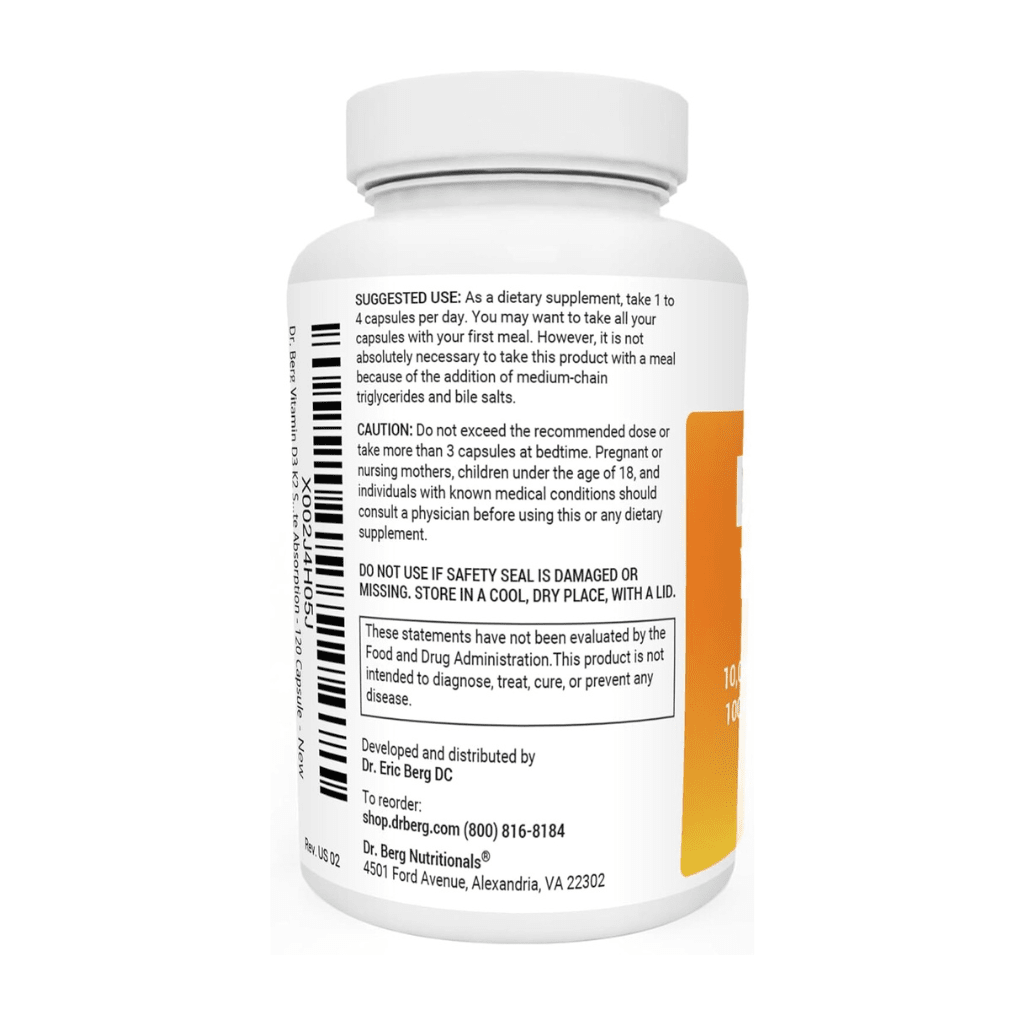 Dr. Berg's Vitamin D3 K2 Supplement w/MCT Oil - Includes 10,000 IU of Vitamin D3, 100 mcg MK7 Vitamin K2, Purified Bile Salts, Zinc & Magnesium for Ultimate Absorption - 120 Capsule