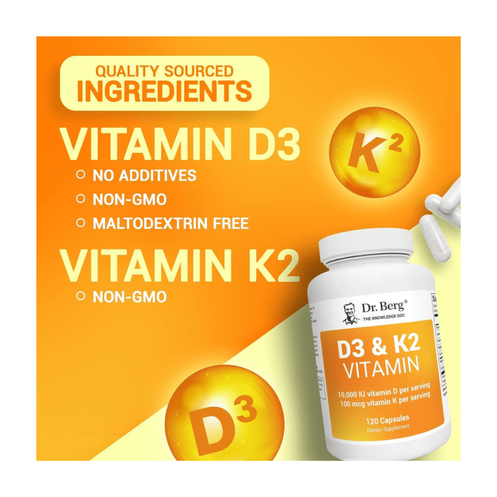 Dr. Berg's Vitamin D3 K2 Supplement w/MCT Oil - Includes 10,000 IU of Vitamin D3, 100 mcg MK7 Vitamin K2, Purified Bile Salts, Zinc & Magnesium for Ultimate Absorption - 120 Capsule