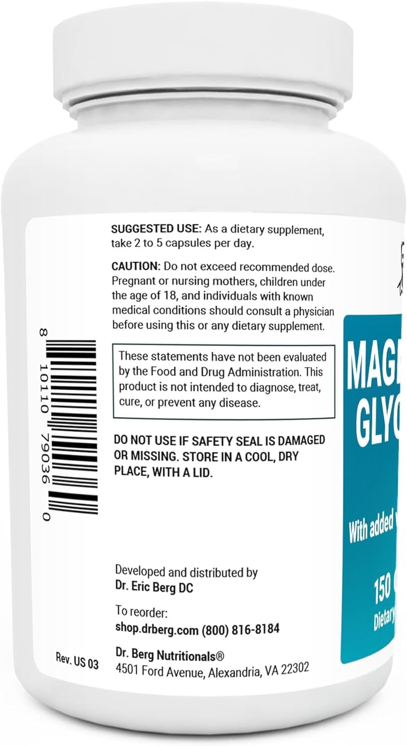 Dr. Berg's Magnesium Glycinate 400mg - Fully Chelated Veg Capsules for Stress, Calm, Relaxation & Sleep Support w/Vitamin D & B6-150