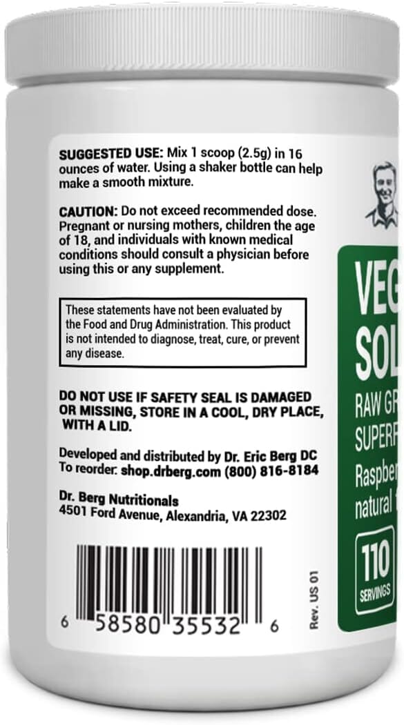Dr. Berg's (Veggie Solution) Organic Super Greens Powder w/Spirulina - Raw Green Powder Superfood - Vegetable Powder Supplement with Vitamins, Minerals, Enzymes, and Phytonutrients - 110 Servings