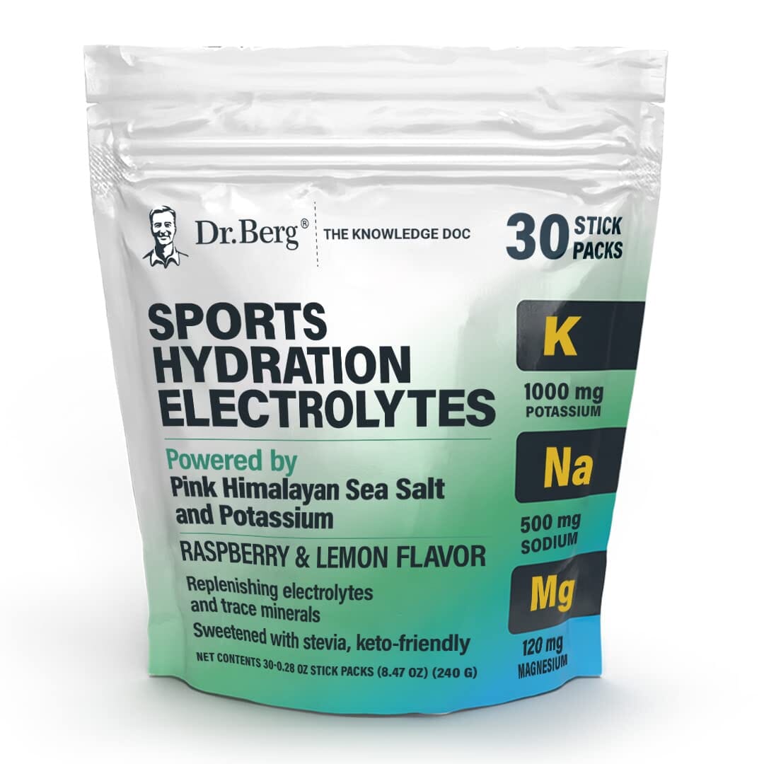 Dr. Berg Sports Hydration Electrolytes Powder w/More Salt (Pink Himalayan) - 30 Keto Electrolytes Powder Packets w/a Delicious Salty Raspberry & Lemon Flavor - Includes 1,000mg of Potassium