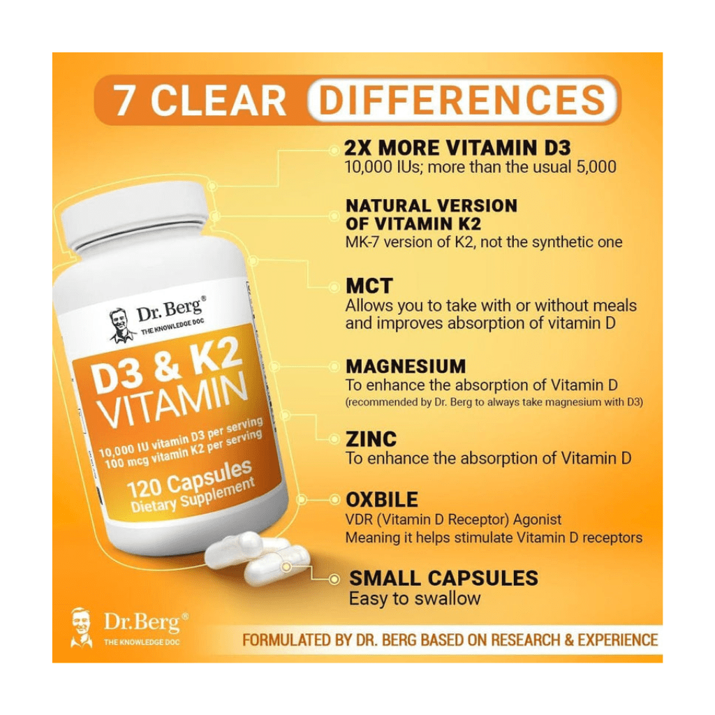 Dr. Berg's Vitamin D3 K2 Supplement w/MCT Oil - Includes 10,000 IU of Vitamin D3, 100 mcg MK7 Vitamin K2, Purified Bile Salts, Zinc & Magnesium for Ultimate Absorption - 120 Capsule