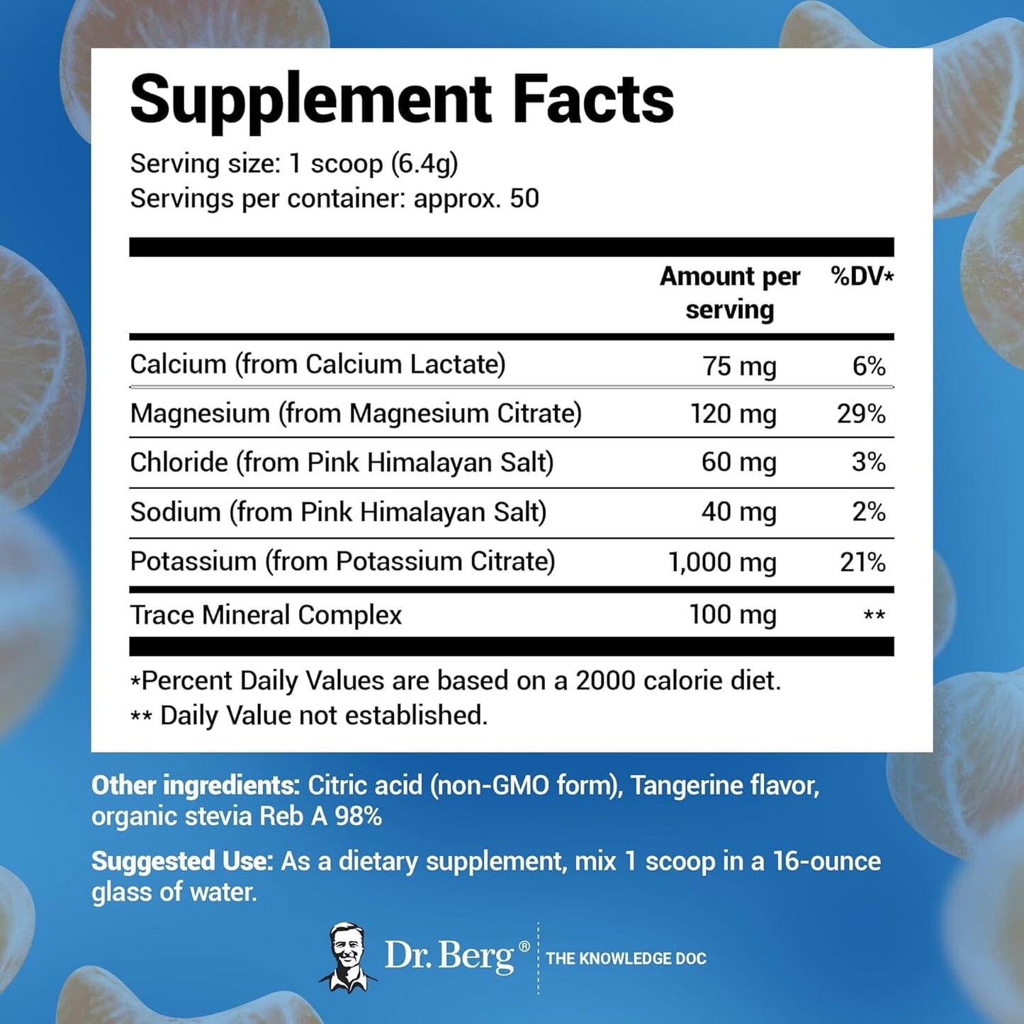 Dr. Berg Zero Sugar Hydration Keto Electrolyte Powder - Enhanced w/ 1,000mg of Potassium & Real Pink Himalayan Salt (NOT Table Salt) - Tangerine Flavor Hydration Drink Mix Supplement - 50 Servings
