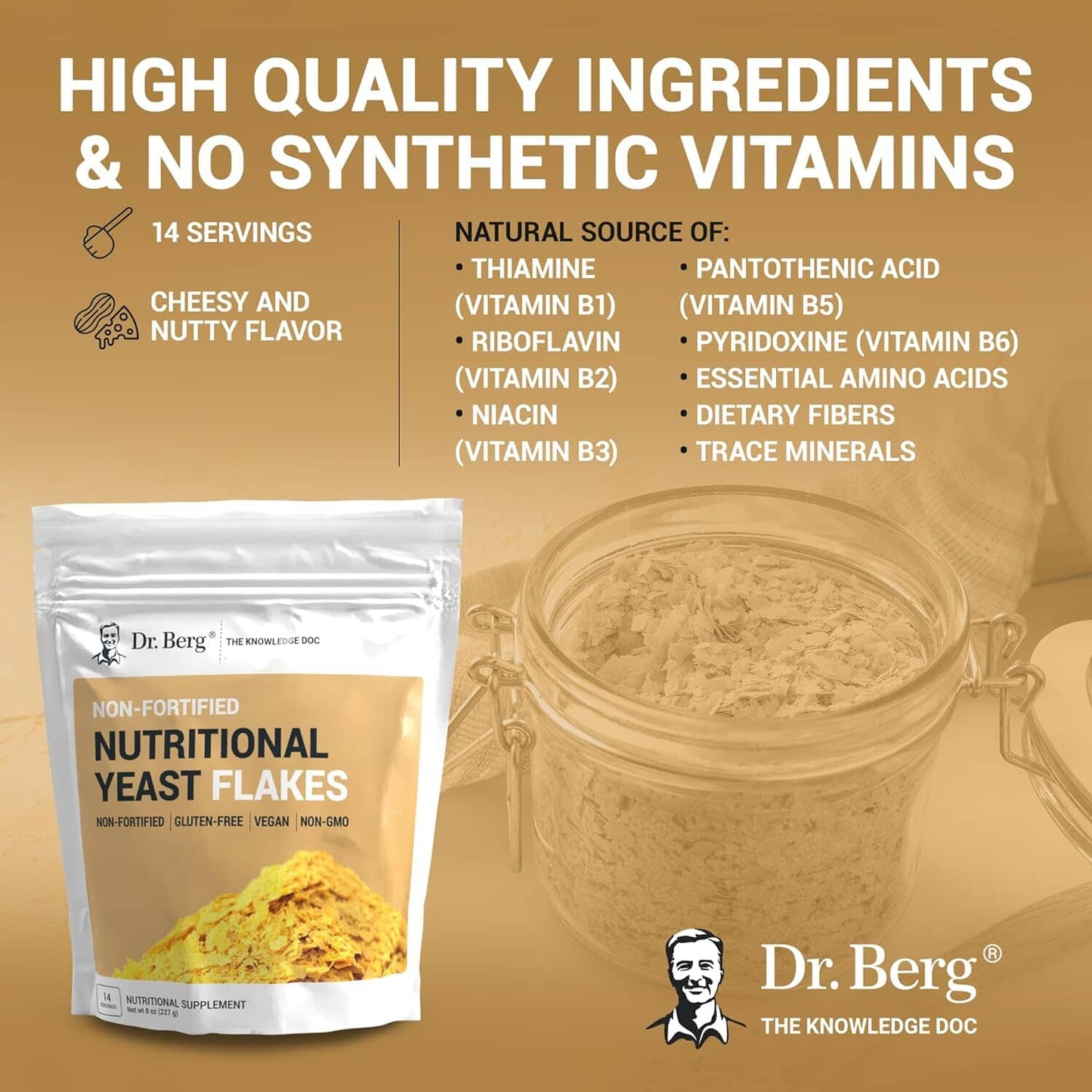 Dr. Berg Premium Nutritional Yeast Flakes - Delicious Non-Fortified Nutritional Yeast with Naturally Occurring B Vitamins - 8oz