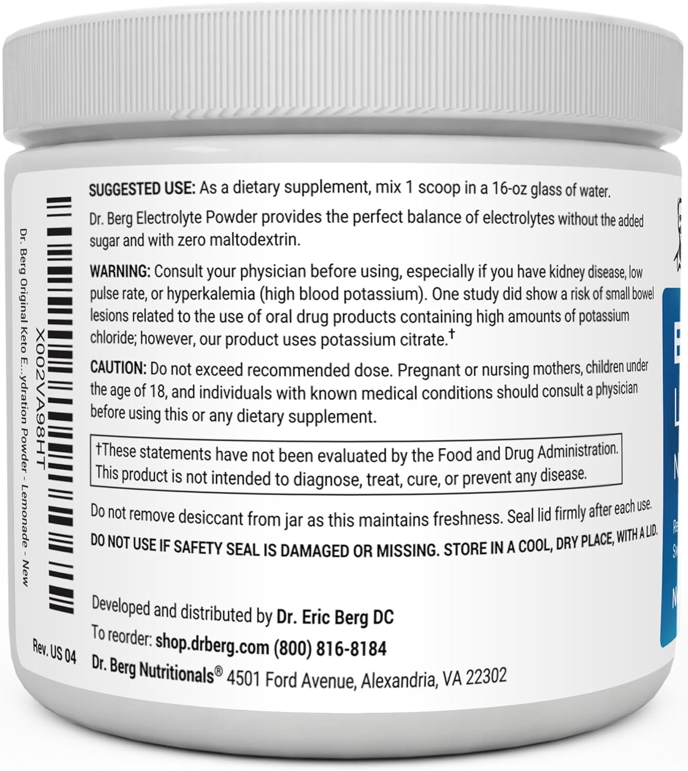 Dr. Berg Zero Sugar Hydration Keto Electrolyte Powder - Enhanced w/ 1,000mg of Potassium & Real Pink Himalayan Salt (NOT Table Salt) - Lemonade Flavor Hydration Drink Mix Supplement - 50 Servings